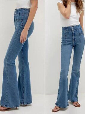 We The Free People Jayde Flare Leg High Rise Jeans Sunburst Blue Retro Size 26